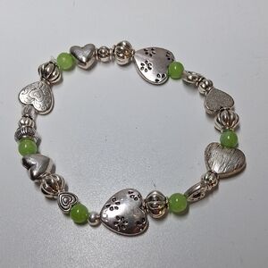 Unique handmade Silver Color Chunky Heart Bracelet with Green Jade Beads 8in